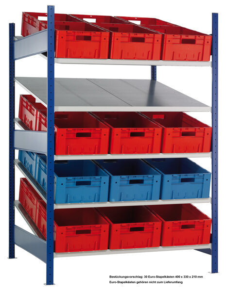 Grundregal, Schrägbodenregal XL MULTIplus150, 2000 x 1300 x 1200 mm (HxBxT), RAL 5010 enzianblau/verzinkt, 2x5 Fachböden