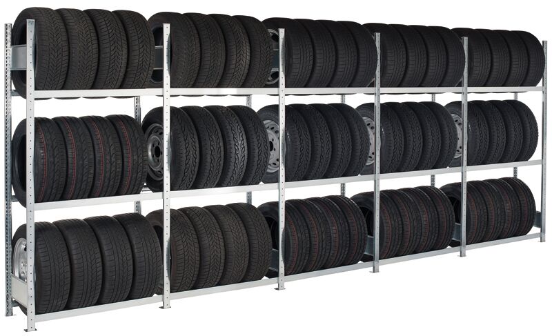Container-Regalset für 20-Container, 2000 x 5684 x 400 mm (HxBxT), verzinkt, 8 Felder á 1.150 mm (HxBxT) mit je 3 Reifenebenen, 2 Felder á 1.000 mm (HxBxT) mit je 3 Reifenebenen