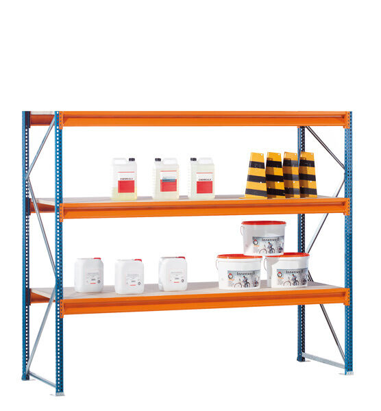 GR, Weitspannregal mit Spanplatten W 100, 2000 x 2140 x 600 mm, blau/orange/verzinkt, 3 Ebenen, Fachlast 950 kg