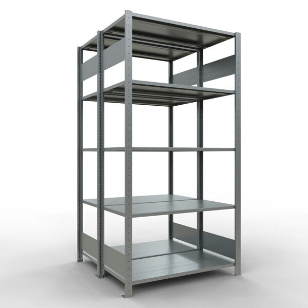 Grundregal, Doppelregal, Fachbodenregal Stecksysem MULTIplus150, 2000 x 1000 x (2x500) mm (HxBxT), 2x5 Fachböden, Längenriegel, verzinkt