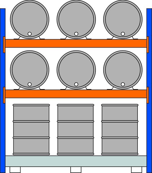 GR, Fassregal, 2500 x 2225 x 800 mm, blau/verzinkt/RAL 2004, 2 Ebenen für je 3 Fässer 200 l liegend, 1 Bodenwanne 2205 x 1100 mm, Fassungsvermögen 396 l, mit Gitterrost für 6 Fässer 200 l stehend