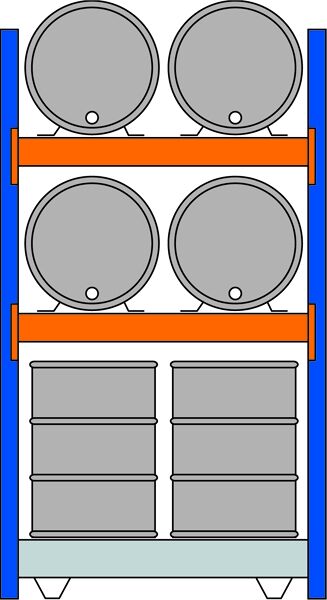 GR, Fassregal, 2500 x 1350 x 800 mm, blau/verzinkt/RAL 2004, 2 Ebenen für je 2 Fässer 200 l liegend, 1 Bodenwanne 1330 x 1100 mm, Fassungsvermögen 286 l, mit Gitterrost für 4 Fässer 200 l stehend