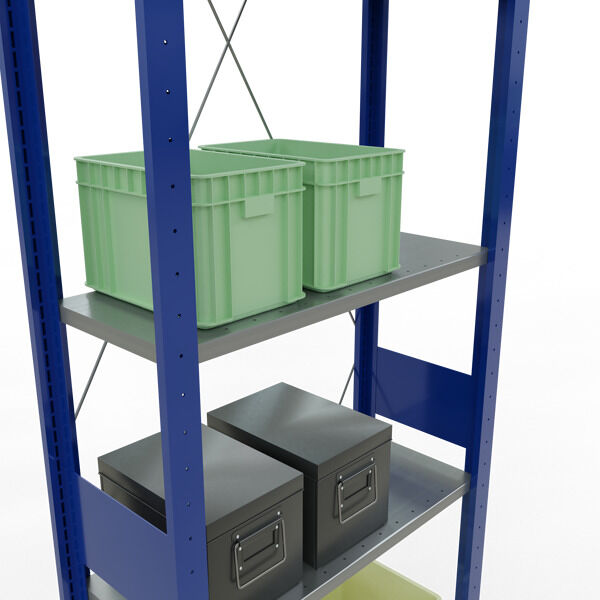 Grundregal, Fachbodenregal Stecksystem MULTIplus150, 3000 x 750 x 300 mm (HxBxT), 7 Fachböden, Kreuzstrebe, RAL 5010 enzianblau/verzinkt/verzinkt