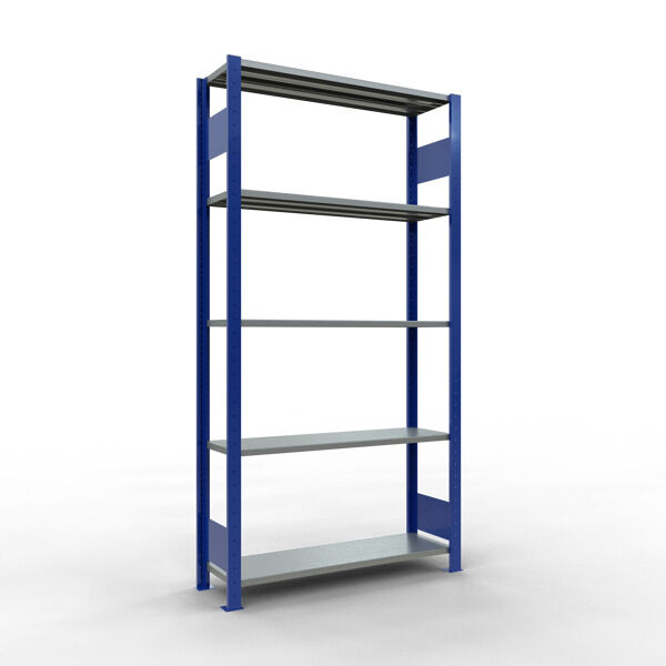 Grundregal, Fachbodenregal Stecksystem MULTIplus85, 2000 x 1000 x 300 mm (HxBxT), 5 Fachböden, Längenriegel, RAL 5010 enzianblau