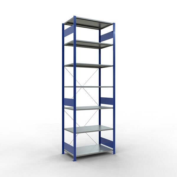Grundregal, Fachbodenregal Stecksystem MULTIplus85, 3000 x 1000 x 600 mm (HxBxT), 7 Fachböden, Kreuzstrebe, RAL 5010 enzianblau