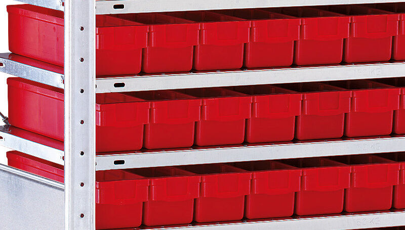 AR, Kleinteileregal-Set 1 MULTIplus150, 2000 x 1000 x 600 mm, verzinkt, 16 Fachböden, 150 Regalkästen 83x93x600 mm rot
