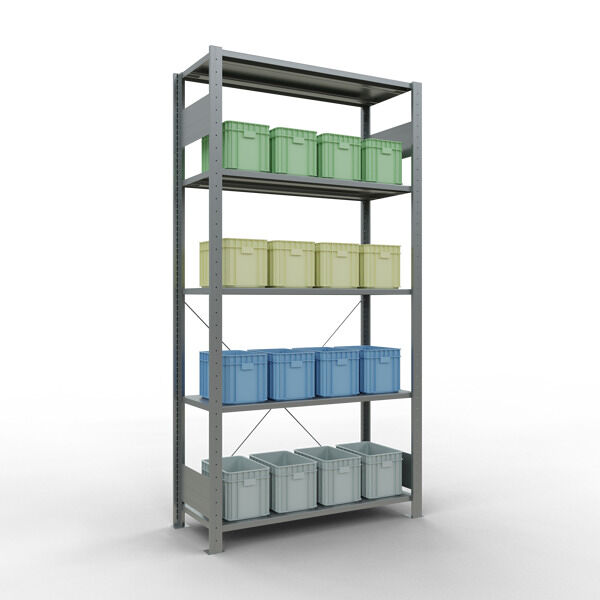 Grundregal, Fachbodenregal Stecksystem MULTIplus150, 2000 x 1000 x 400 mm (HxBxT), 5 Fachböden, Kreuzstrebe, verzinkt