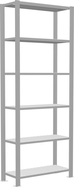 Grundregal, Büro-Fachbodenregal Stecksystem MULTIplus85, 2000 x 750 x 300 mm (HxBxT), 6 Fachböden, Kreuzstrebe, RAL 7035 lichtgrau, mit Anschlagleiste