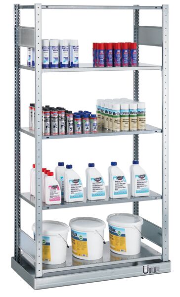 Grundregal, Kleingebinderegal MULTIplus150, 2000 x 1000 x 500 mm (HxBxT), verzinkt, mit Auffangwanne (Volumen: 36 Liter) und 5 Fachböden