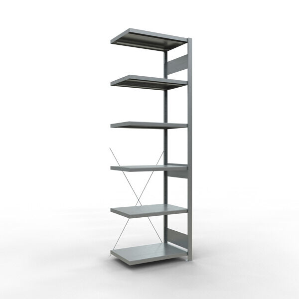 Anbauregal, Fachbodenregal Stecksystem MULTIplus250, 2500 x 750 x 500 mm (HxBxT), 6 Fachböden, Kreuzstrebe, verzinkt