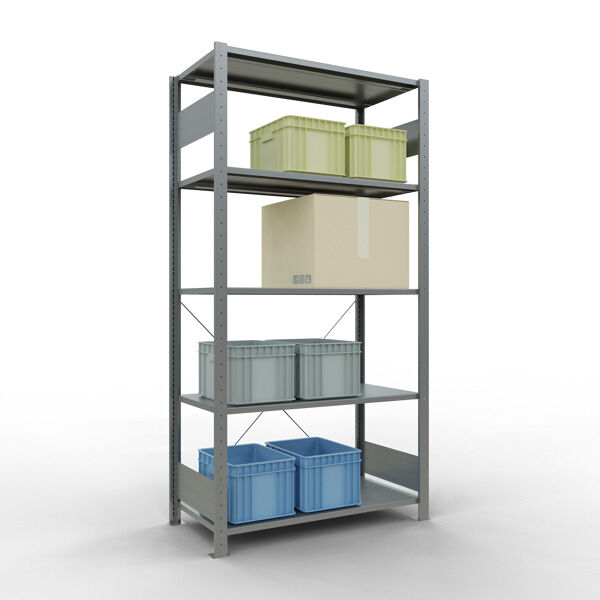 Grundregal, Fachbodenregal Stecksystem MULTIplus150, 2000 x 1000 x 500 mm (HxBxT), 5 Fachböden, Kreuzstrebe, verzinkt