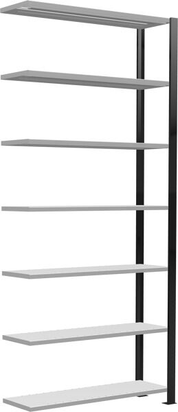 Anbauregal, Büro-Fachbodenregal Stecksystem MULTIplus85, 2300 x 1000 x 300 mm (HxBxT), 7 Fachböden, Kreuzstrebe, schwarz/RAL 7035 lichtgrau, ohne Anschlagleiste