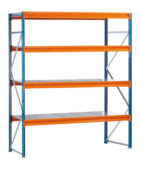 GR, Weitspannregal mit Stahlpaneelen W 100, 2500 x 1785 x 800 mm, blau/orange/verzinkt, 4 Ebenen, Fachlast 600 kg
