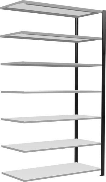 Anbauregal, Büro-Fachbodenregal Stecksystem MULTIplus150, 2300 x 1300 x 600 mm (HxBxT), 7 Fachböden, Längenriegel, schwarz/RAL 7035 lichtgrau, mit Mittelanschlag