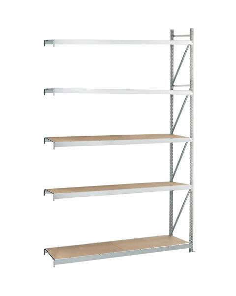 Anbauregal, Weitspannregal WS 3000 ML50 mit Spanplatten, 3000 x 2500 x 600 mm, verzinkt, 5 Ebenen, Fachlast 500 kg, Feldlast 2.500 kg