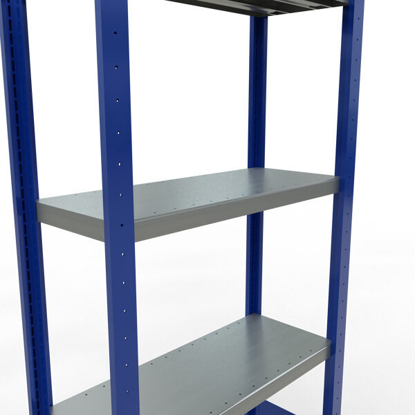 Grundregal, Fachbodenregal Stecksystem MULTIplus250, 2000 x 750 x 300 mm (HxBxT), 5 Fachböden, Längenriegel, RAL 5010 enzianblau/verzinkt/verzinkt