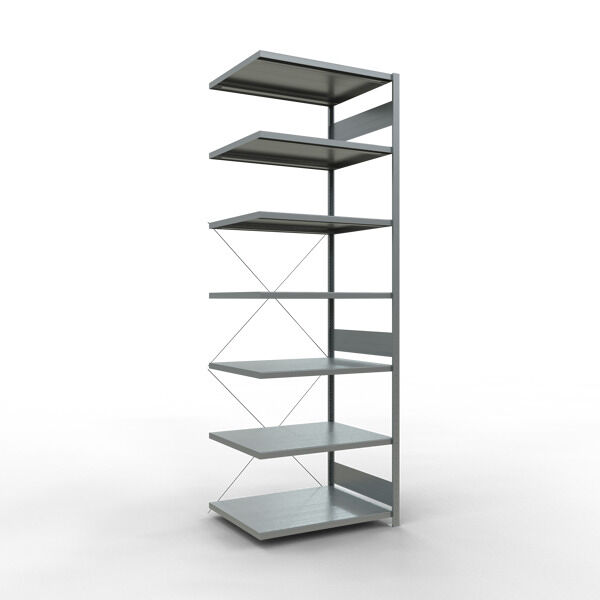 Anbauregal, Fachbodenregal Stecksystem MULTIplus250, 3000 x 1000 x 800 mm (HxBxT), 7 Fachböden, Kreuzstrebe, verzinkt