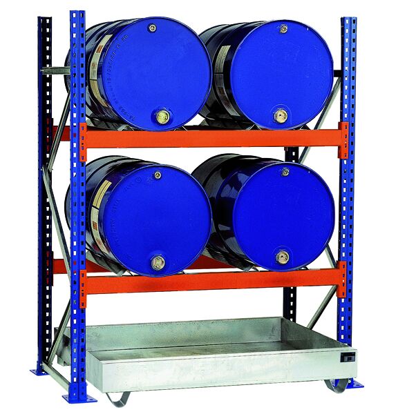 Grundregal, Fassregal, 2000 x 1350 x 800 mm (HxBxT), blau/verzinkt/RAL 2004, 2 Ebenen für je 2 Fässer 200 l liegend, 1 Bodenwanne 1330 x 1100 mm, Fassungsvermögen 215 l