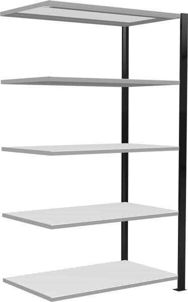 Anbauregal, Büro-Fachbodenregal Stecksystem MULTIplus150, 1800 x 1000 x 600 mm (HxBxT), 5 Fachböden, Längenriegel, schwarz/RAL 7035 lichtgrau, mit Mittelanschlag