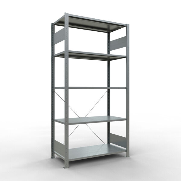 Grundregal, Fachbodenregal Stecksystem MULTIplus85, 2000 x 1000 x 500 mm (HxBxT), 5 Fachböden, Kreuzstrebe, verzinkt