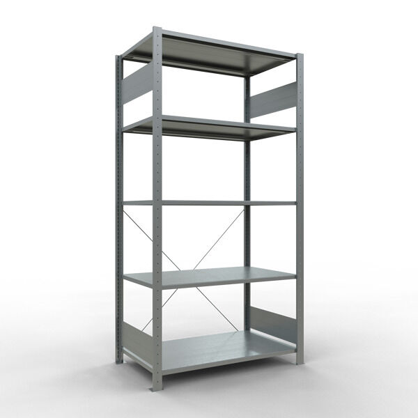 Grundregal, Fachbodenregal Stecksystem MULTIplus150, 2000 x 1000 x 600 mm (HxBxT), 5 Fachböden, Kreuzstrebe, verzinkt