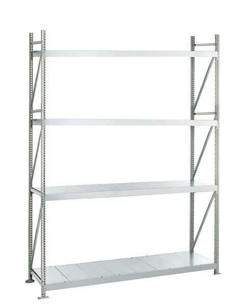 Grundregal, Weitspannregal WS 3000 ML50 mit Stahlpaneelen, 2500 x 2000 x 500 mm, verzinkt, 4 Ebenen, Fachlast 500 kg, Feldlast 2.000 kg