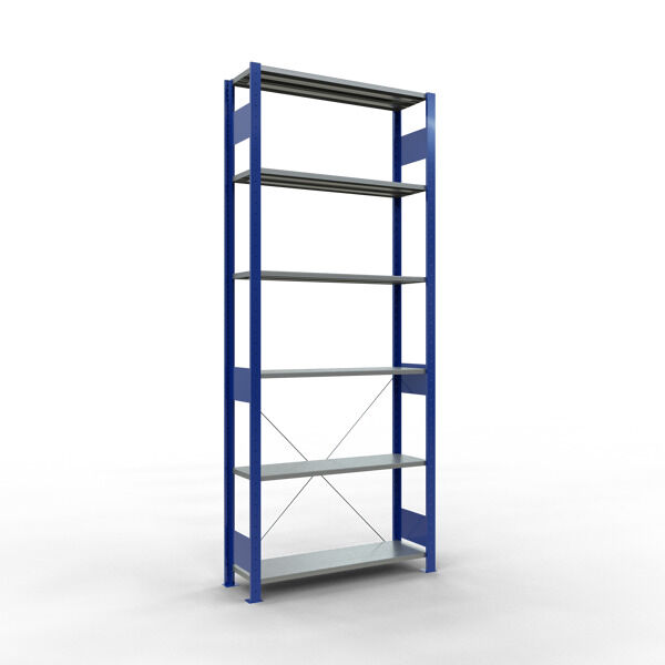 Grundregal, Fachbodenregal Stecksystem MULTIplus85, 2500 x 1000 x 300 mm (HxBxT), 6 Fachböden, Kreuzstrebe, RAL 5010 enzianblau