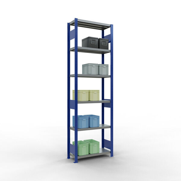 Grundregal, Fachbodenregal Stecksystem MULTIplus250, 2500 x 750 x 300 mm (HxBxT), 6 Fachböden, Längenriegel, RAL 5010 enzianblau/verzinkt/verzinkt