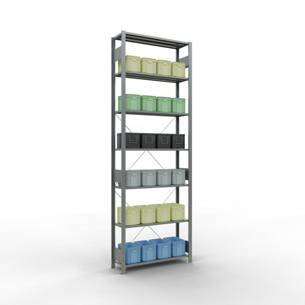 Grundregal, Fachbodenregal Stecksystem MULTIplus150, 3000 x 1000 x 300 mm (HxBxT), 7 Fachböden, Kreuzstrebe, verzinkt