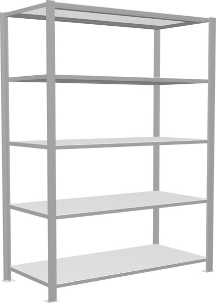 Grundregal, Büro-Fachbodenregal Stecksystem MULTIplus150, 1800 x 1300 x 600 mm (HxBxT), 5 Fachböden, Längenriegel, RAL 7035 lichtgrau, mit Mittelanschlag