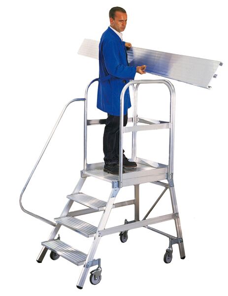 Aluminium-Podestleiter, einseitig begehbar, mit Rollen, Arbeitshöhe ca. 3,00 m
