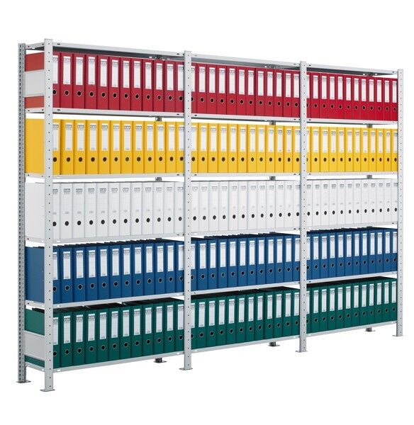 Grundregal, Büro-Fachbodenregal Stecksystem MULTIplus85, 2300 x 750 x 300 mm (HxBxT), 7 Fachböden, Kreuzstrebe, schwarz/RAL 7035 lichtgrau, mit Anschlagleiste