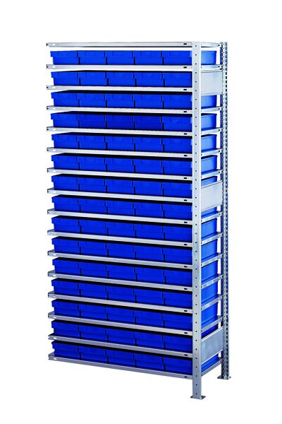 AR, Kleinteileregal-Set 3 MULTIplus150, 2000 x 1000 x 500 mm, verzinkt, 16 Fachböden, 75 Regalkästen 83x186x500 mm blau