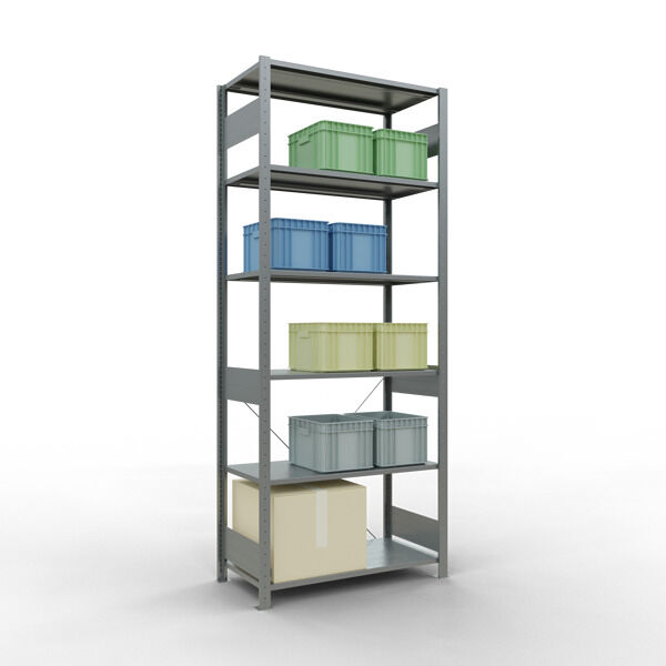 Grundregal, Fachbodenregal Stecksystem MULTIplus150, 2500 x 1000 x 500 mm (HxBxT), 6 Fachböden, Kreuzstrebe, verzinkt