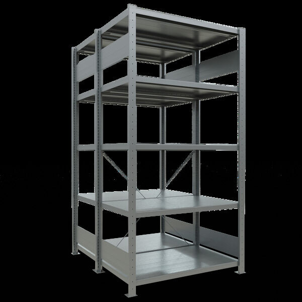 Grundregal, Doppelregal, Fachbodenregal Stecksysem MULTIplus250, 2000 x 1000 x (2x600) mm (HxBxT), 2x5 Fachböden, Kreuzstrebe, verzinkt
