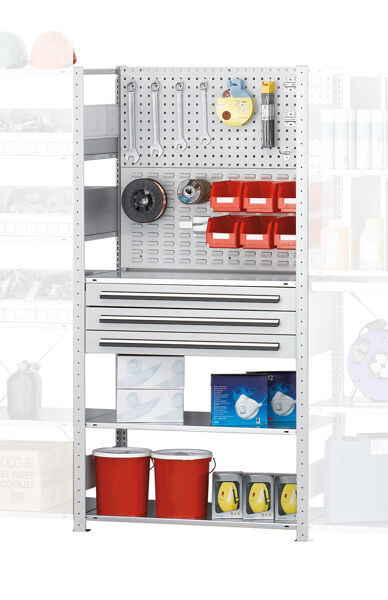 GR, Regalmodul M3, 2000 x 1000 x 500 mm, RAL 7035 lichtgrau/verzinkt, 3 MULTIplus150-Fachböden, 2 Stück Lochplatten, 1 Stück 3-er Schublade
