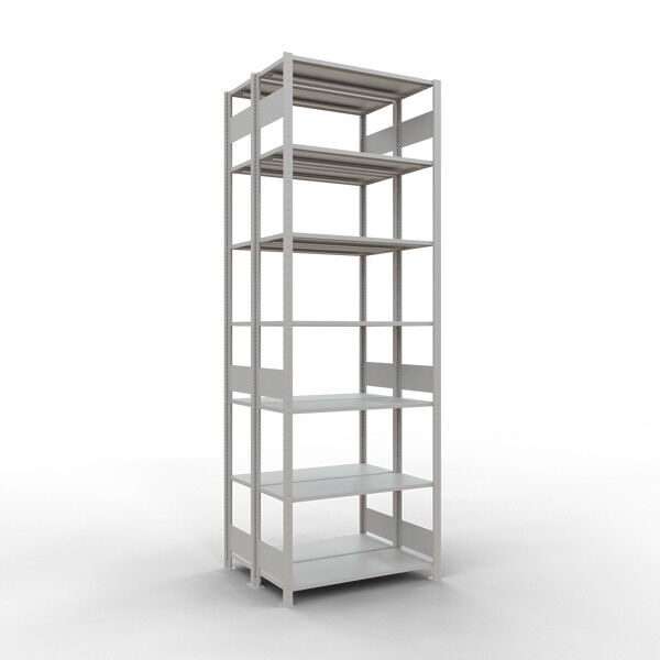 Grundregal, Doppelregal, Fachbodenregal Stecksysem MULTIplus150, 3000 x 1000 x (2x400) mm (HxBxT), 2x7 Fachböden, Längenriegel, RAL 7035 lichtgrau