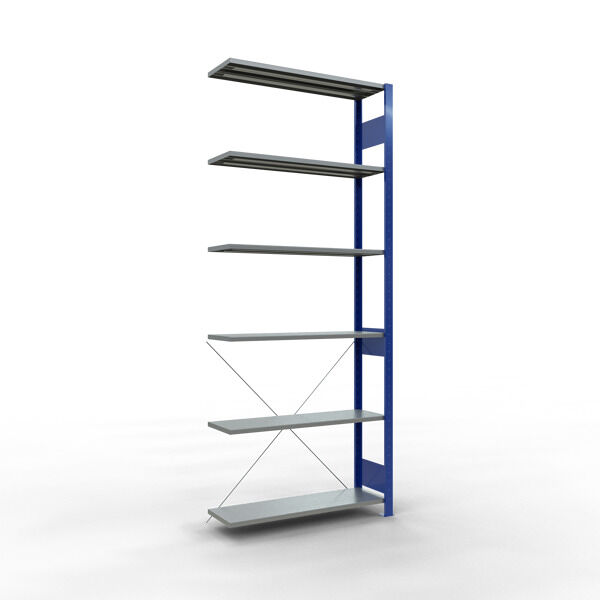 Anbauregal, Fachbodenregal Stecksystem MULTIplus85, 2500 x 1000 x 300 mm (HxBxT), 6 Fachböden, Kreuzstrebe, RAL 5010 enzianblau