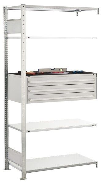 Anbauregal, Schubladenregal MULTIplus150, 2000 x 1000 x 500 mm (HxBxT), 4 MULTIplus150-Fachböden, 1 Stück 3er Schubladenset, verzinkt