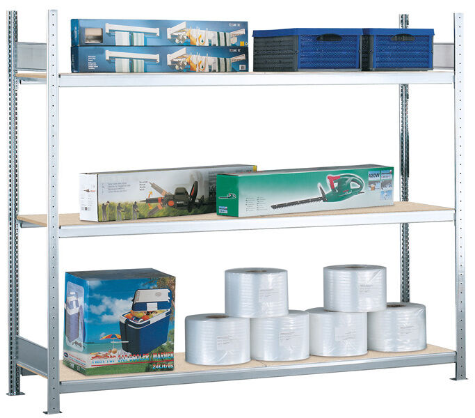 Grundregal, Weitspannregal WS 2000 mit Spanplatten, 2000 x 2000 x 500 mm (HxBxT), verzinkt, 3 Ebenen, Fachlast 400 kg, Feldlast 1.200 kg
