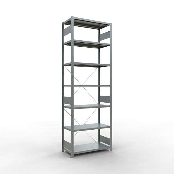 Grundregal, Fachbodenregal Stecksystem MULTIplus250, 3000 x 1000 x 500 mm (HxBxT), 7 Fachböden, Kreuzstrebe, verzinkt