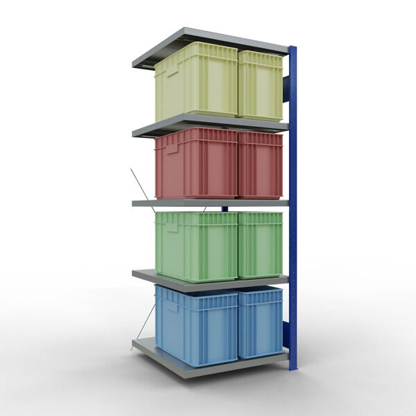 Anbauregal, Fachbodenregal Stecksystem MULTIplus250, 2000 x 750 x 800 mm (HxBxT), 5 Fachböden, Kreuzstrebe, RAL 5010 enzianblau/verzinkt/verzinkt