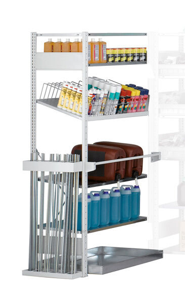 AR, Regalmodul M1, 2000 x 1000 x 500 mm, RAL 7035 lichtgrau/verzinkt, 4 MULTIplus150-Fachböden, 1 Stück Gewindestangenhalterung, 1 Stück Schrägboden mit 12 Trennbügeln und Kippsicherung, 1 Stück Verriegelungsstange für Öllager, 1 Stück Auffangwa