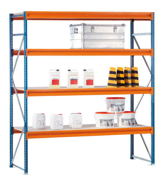 GR, Weitspannregal mit Spanplatten W 100, 2500 x 2500 x 1200 mm, blau/orange/verzinkt, 4 Ebenen, Fachlast 1015 kg