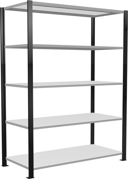 Grundregal, Büro-Fachbodenregal Stecksystem MULTIplus150, 1800 x 1300 x 600 mm (HxBxT), 5 Fachböden, Längenriegel, schwarz/RAL 7035 lichtgrau, mit Mittelanschlag