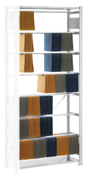 Anbauregal, Steck-Pendelhefterregal Elba/Leitz, 2300 x 1000 x 350 mm (HxBxT), RAL 7035 lichtgrau, 7 Pendelstangen
