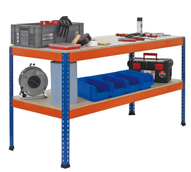 Z1-Packtisch mit Lagerebene, 990 x 2450 x 621 mm, blau/orange