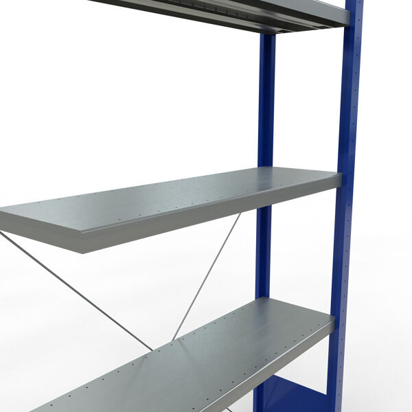 Anbauregal, Fachbodenregal Stecksystem MULTIplus250, 2000 x 1000 x 300 mm (HxBxT), 5 Fachböden, Kreuzstrebe, RAL 5010 enzianblau/verzinkt