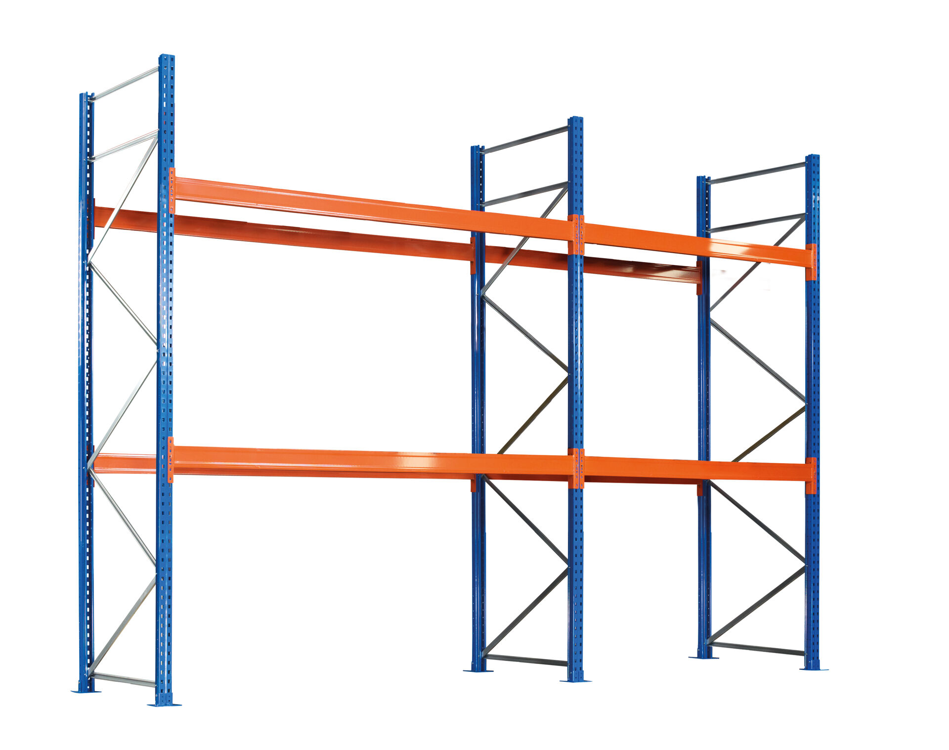 Palettenregal 2 Felder: 2.700 mm + 1.800 mm - 3.000 x 1.100mm, HxT, 8 Holme (Fachlast 1.500kg)