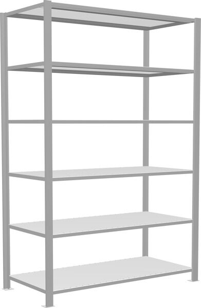 Grundregal, Büro-Fachbodenregal Stecksystem MULTIplus150, 2000 x 1300 x 600 mm (HxBxT), 6 Fachböden, Längenriegel, RAL 7035 lichtgrau, mit Mittelanschlag